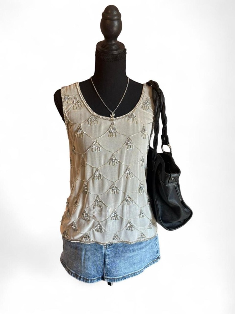 Vintage Forever 21 Embellished Cream Beaded Scoop Neck Tank Top, Size M
